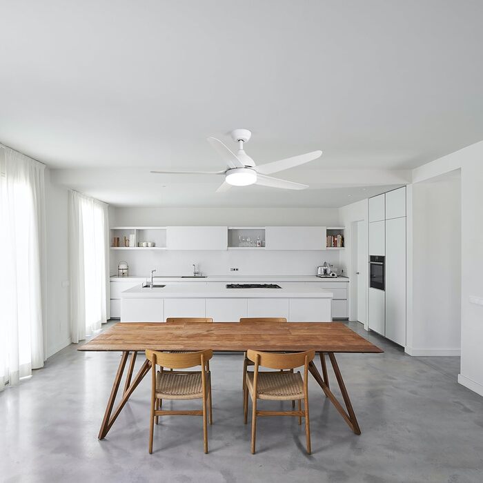 Стеляний вентилятор FINXIN з LED-лампою 132/122 см для спальні, вітальні, їдальні. Включає мотор, пульт керування (5 лопатей, білий)