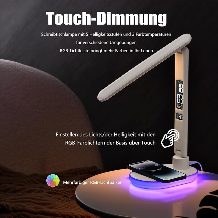 Настільна лампа CCHKFEI з регулюванням, годинником, LED-дисплеєм, бездротовим зарядним пристроєм 10W та USB-портом, 3 режими кольору, датчиком температури та RGB-підсвічуванням для читання, дому та офісу