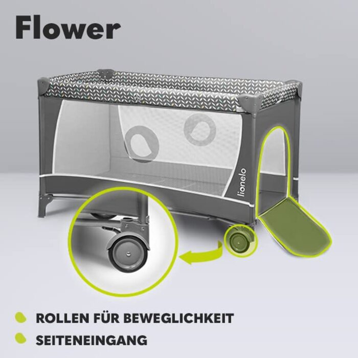 Lionelo Flower 4in1 Travel Cot Baby, Playard Baby with Side Entrance, Changing Table, Two Mattress Suspension Heights, Play Arch with Figures, Wheels, Carry Bag 1 Piece (1-Pack) Grey