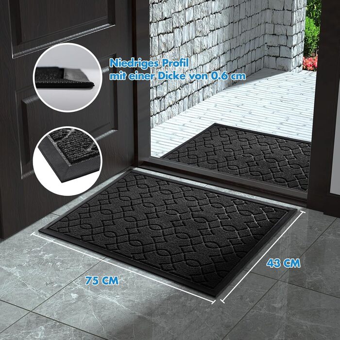 Килимок для вхідних дверей Yimobra, 75x43 см, чорний: миється, вологостійкий, з антиковзаючою основою