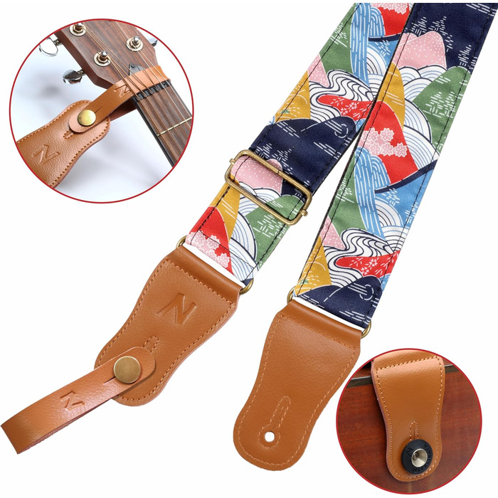 Японський гітарний ремінь Nefelibata з бавовни для акустичної гітари, укулеле, адаптер для голівки грифа в подарунок, медіатори та замок для ременя, регульована довжина 38'-64' (Бурхливі гори)