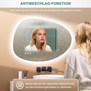 Дзеркало з підсвічуванням Asymmetrischer LED 75x55 см з сенсорним вимикачем – антизапар, 3 кольори світла, регулювання яскравості та функція пам'яті, чорний (горизонтальне/вертикальне), без рамки