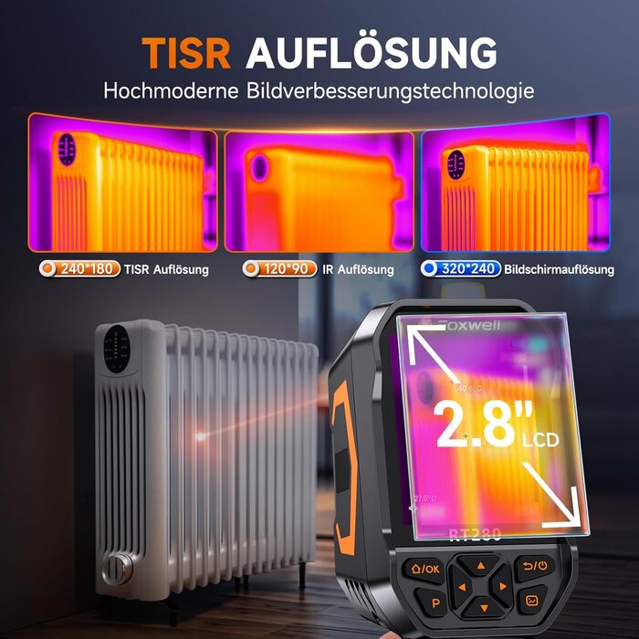 Тепловізор FOXWELL RT280: Портативна інфрачервона камера з LCD-екраном 2.8', роздільна здатність 320x240, діапазон температур -20°C до 550°C, 8GB пам'яті, функція PC-аналізу та відеозапису