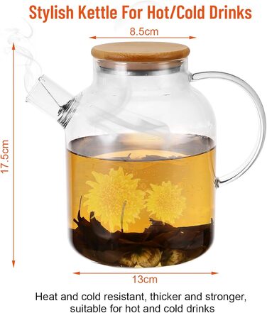 Чайник зі скла 1,8л з дерев'яним кришкою, з ситечком. Скляний чайник з боросилікатного скла, стійкий до високих та низьких температур, безпечний. Підходить для чаю, трав'яного чаю та фруктових напоїв.