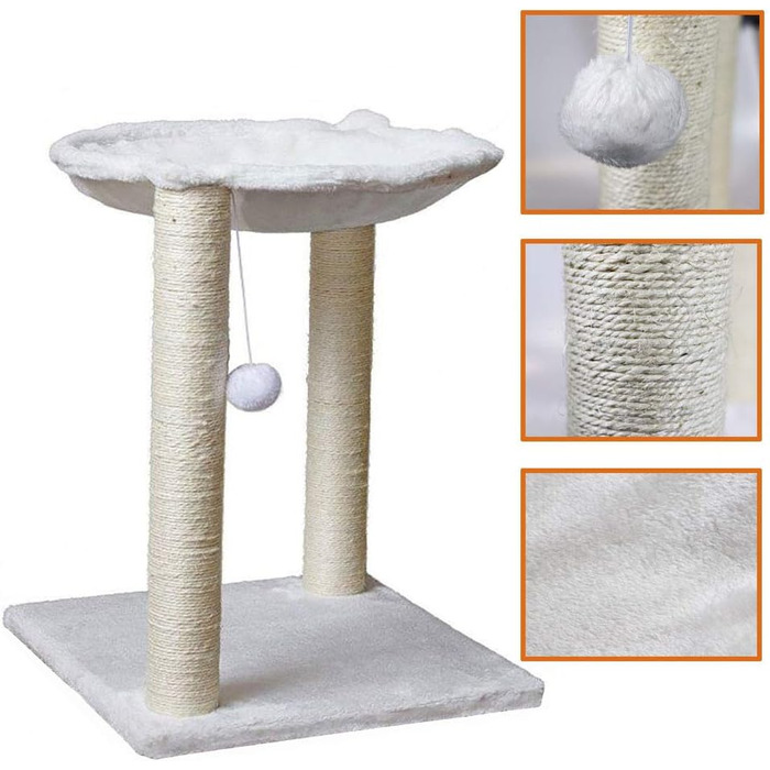 Дерев'яний когтеточка для котів Kratzbaum з будиночком, гамаком, ліжком та когтеточками, 41 x 48 x 41 см, білий, обмотаний сизалем, з іграшкою на шнурку