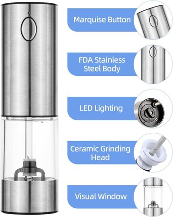 Електричний набір для солі та перцю з зарядною станцією, об'єм 110 мл, перезаряджувана солянка з 5 рівнями, керамічна млинка з щіткою (2 шт.)