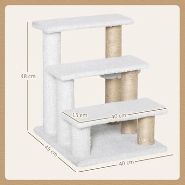 PawHut 3-Step Pet Staircase with Scratching Posts, Ball, Dog Staircase, Animal Staircase for Cats up to 5 kg, Plush Jute, White, 45 x 40 x 48 cm
