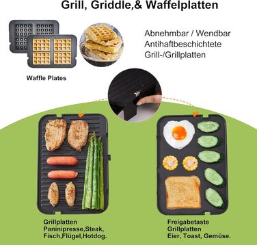 Contact Grill, Sandwich Maker, Waffle Iron 180° Double-Sided Optigrill Indoor Electric Grill | 6 automatic programs | Intuitive sensor | Touch display, 2000 W, Grill with 4 removable plates (BCG02D)