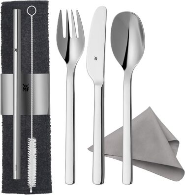 WMF my2Go Stainless Steel Cutlery Set, 8-Piece, Outdoor Travel Cutlery Set for 1 Person, Camping Cutlery with Case, Hiking Cutlery Environmentally Friendly, Straw, Cleaning Brush, Camping Accessories Gift