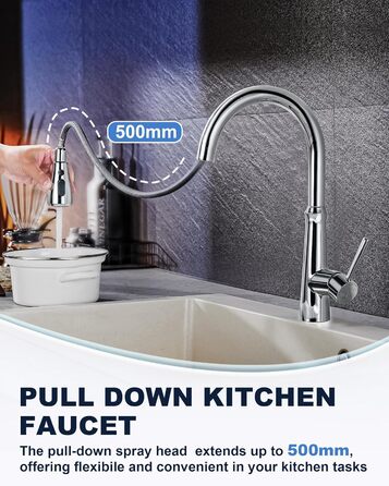 Змішувач кухонний iVIGA висувний з дощувачем, водоспад, 360° поворот, 3 режими, брашований нікель