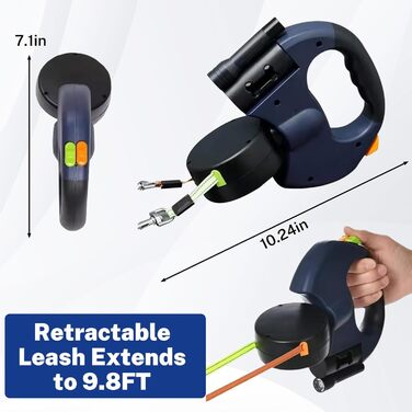 Висувна поводок для собак, 3 метри з LED-підсвіткою, подвійний поводок для 2 собак, обертання на 360°, без перекручування, з пакетами для вигулу, для собак до 50 кг, для тренувань та прогулянок (Чорний)