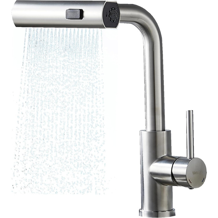 Змішувач для кухні BELZ з висувною лійкою, 3 режими, поворотний на 360°, нержавіюча сталь SUS304, матовий нікель