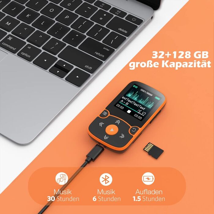 MP3 плеєр AGPTEK Bluetooth 5.0 32GB Orange - кліпса, TFT екран, підтримка TF карти до 128GB