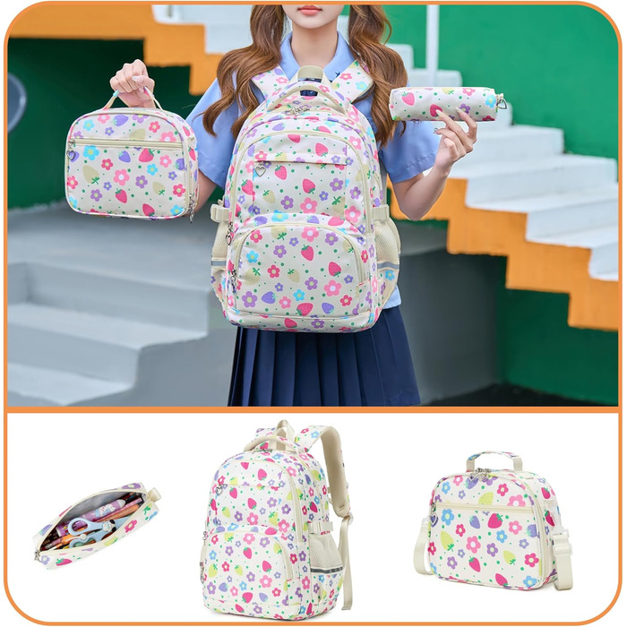 Шкільний рюкзак для дівчаток-підлітків у вінтажному стилі. Набір: рюкзак, ланч-бокс, пенал. Квітковий дизайн, відділення для ноутбука. Ідеально для школи, подорожей. Колір: Полуниця, Слонкост.