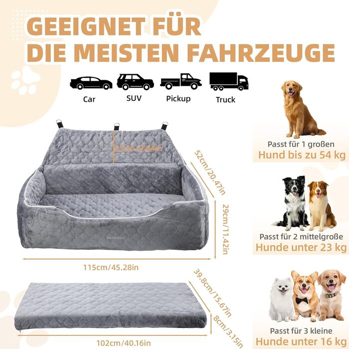 AutoZen Dog Car Seat for Medium to Large Dogs up to 54 lbs - Washable & Removable Pet Seat Cover for Back Seat, Grey