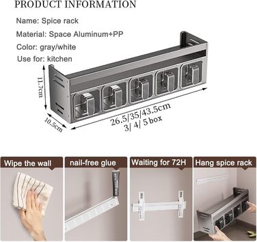 Стильна підставка для спецій з 5 сірими баночками: настільна, настінна, без свердління