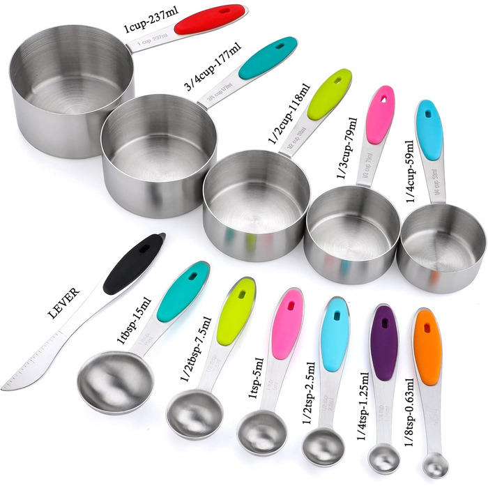 Stainless Steel Measuring Cup and Spoon Set including 4 Measuring Cups, 5 Measuring Spoons, and 1 Leveler for dry or liquid ingredients (C5S7)