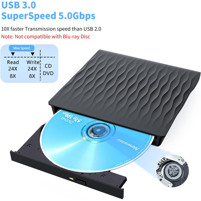 Зовнішній DVD/CD привід USB 3.0 та Type-C, DVD-брунер +/-RW для ноутбука та ПК, сумісний з Windows 11/10/8/7, MacOS, Linux, чорний