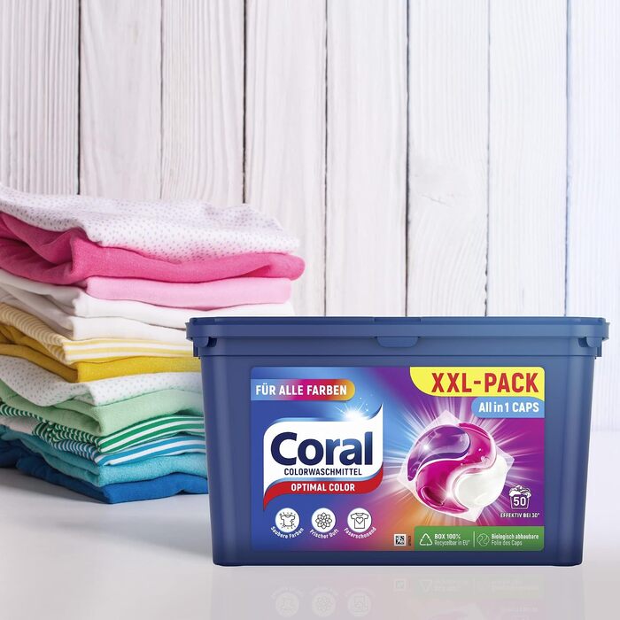Капсули для прання кольорової білизни Coral Allin1 Caps Optimal Color, свіжий аромат, 64 шт (4х16), 1.06 кг