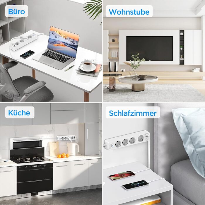 Розподільник розеток з 4 USB та захистом від перенапруги, 4000W, 16A, з вимикачем, 1.8м кабель, білий