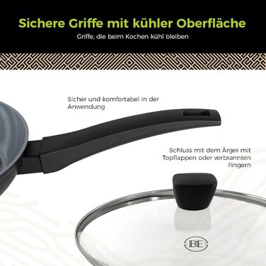 Набір сковорідок Be Living Delight 4 шт. (20/24/28 см + Вок 28 см з кришкою), антипригарне покриття з кераміки, для індукційних плит, без PTFE та PFOA, чорний