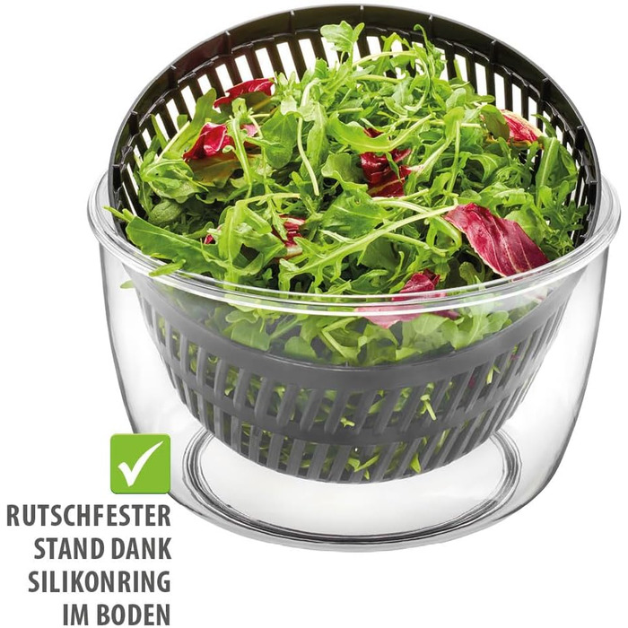 GEFU Салатниця-шпинька 5л з механізмом Push, вбудований виливний отвір та кнопка стоп, неслизька поверхня, придатна для миття в посудомийній машині, прозора