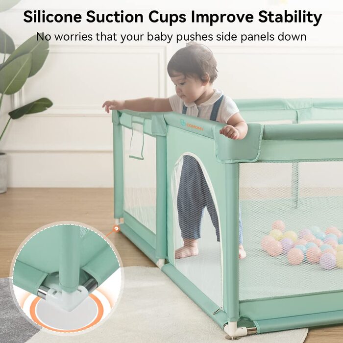 COMOMY Playpen Baby, 150x180x66cm Playard Baby Large XXL Safety Play Area Protective Fence for Children with Soft Net, Non-Slip Oxford Bottom, Balls, Mini Baskets, and 4 Pull Rings 150x180x66cm Dark Green