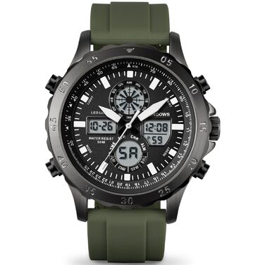 Годинники PINDOWS для чоловіків: водонепроникні спортивні годинники (аналогові/цифрові), багатофункціональні, з LED-підсвічуванням, будильником, секундоміром (зелено-чорні)