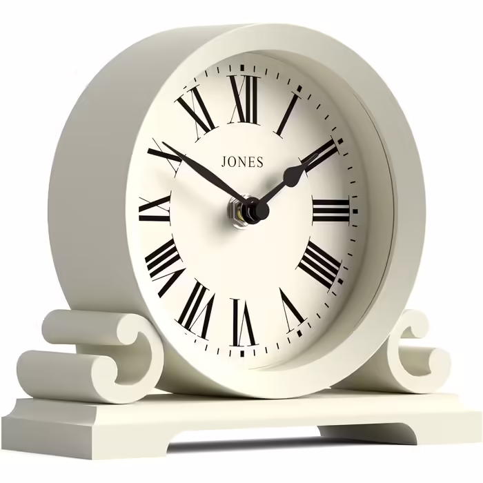 JONES CLOCKS® Saloon Table Clock | Traditional Double-Scroll Design | | Roman Numerals | Classic style for desk, table, shelf or bedside table. (White)