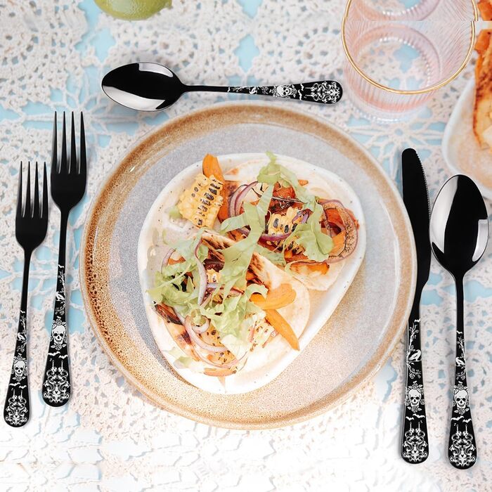 Набір столових приборів Xiaoyu 20 предметів, чорний, з дизайном черепів, готичний, нержавіюча сталь, на 4 особи. Столові прибори на Хелловін