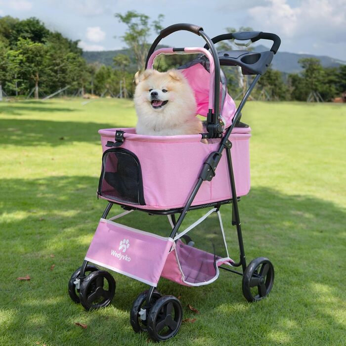 Візок для собак та дітей, складаний, рожевий. Pet Stroller з сітчастими віконцями та кошиком для зберігання. Підходить для маленьких та середніх собак.