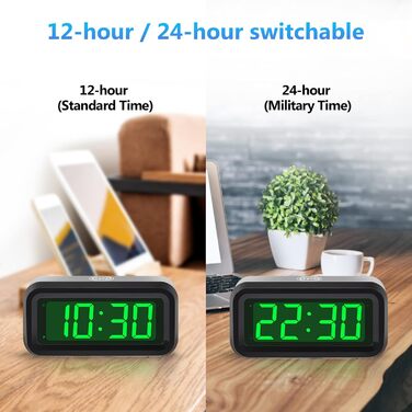 Цифровий годинник-будильник Timegyro з LED-дисплеєм, портативний для подорожей, настільний, з регулюванням яскравості, великий LED-дисплей 1.2' для спальні, вітальні, чорно-зелений