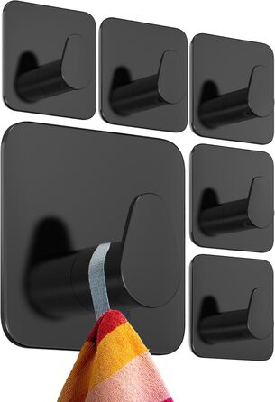 Набір тримачів для рушників 4smile (6 шт.) без свердління, з нержавіючої сталі, чорний. Клейкі гачки для ванної кімнати, міцна фіксація.