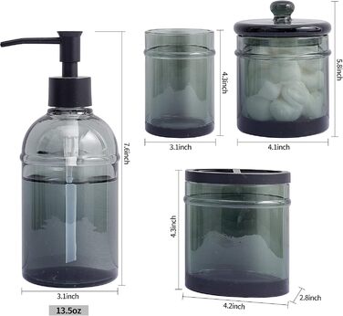4-piece glass bathroom accessory set with decorative pressed pattern, including soap dispenser, tumbler, soap dish, and toothbrush holder, Blue-Green (Gray)