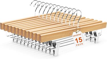 Дерев'яні вішалки для штанів та одягу HOUSE DAY з кліпсами, 25 шт. Вішалки для спідниць, дерев'яні білі вішалки для одягу, компактні вішалки для штанів з обертовим гачком 360°, ширина 35,5 см (натуральне дерево)