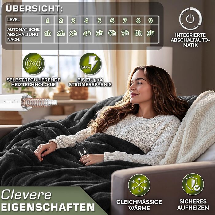 Електрична гріюча ковдра Sinnlein® з автоматичним вимкненням 160 x 120 см | 9 температурних режимів | Ковдра для ліжка, дивана | Електрична ковдра з таймером, цифровим дисплеєм, чорна