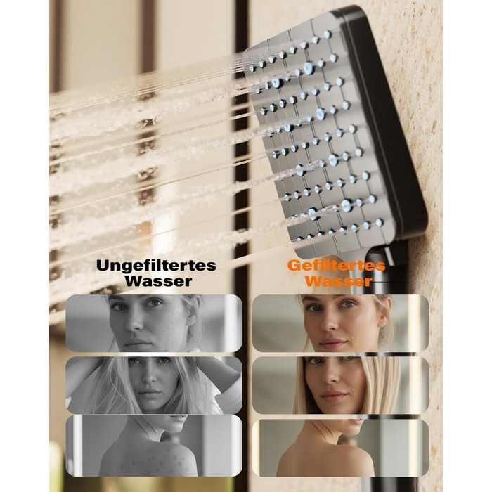 Душова лійка Cobbe з фільтром для жорсткої води, квадратна, високий тиск, 6 режимів, видаляє хлор та важкі метали, хром (чорний)