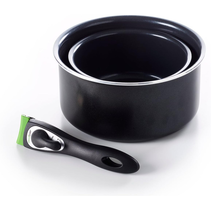 Набір каструль GreenChef ClickPan, 3 предмети, керамічне антипригарне покриття, PFAS-free, знімна ручка, для індукції, посудомийної машини, 16 см/1,6 л та 20 см/3,1 л, чорний, універсальний, компактний