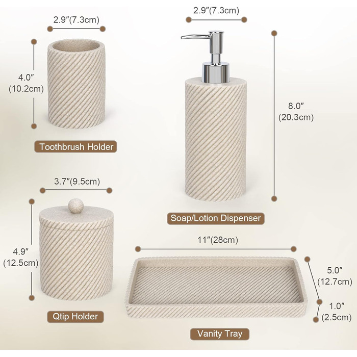 Bathroom Accessory Set, 4-Piece, Lotion Soap Dispenser, Toothbrush Holder, Qtip Holder, Vanity Tray for Decoration, Bathroom, Countertop, Vanity Organizer, Beige
