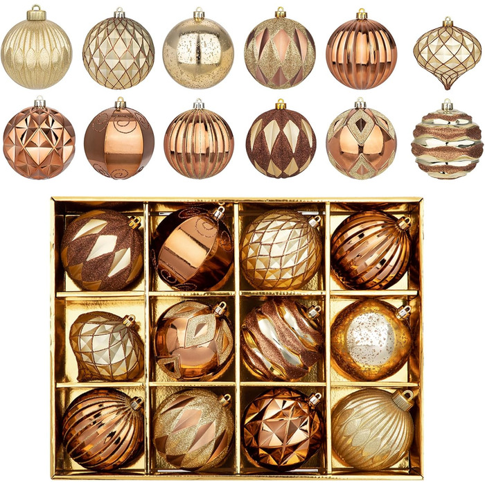 Набір з 12 бронзових новорічних кулі для ялинки, 10 см, великий, безпечні від пошкоджень