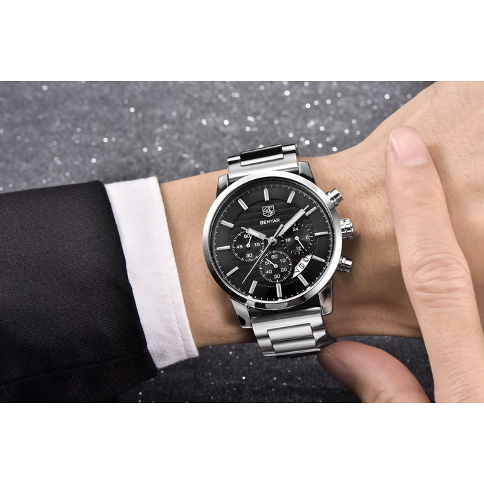 Годинник чоловічий Benyar: кварцовий хронограф, водонепроникний, з нержавіючої сталі, стильний аксесуар для бізнесу, спорту та відпочинку (колір: коричневий, срібний, чорний)