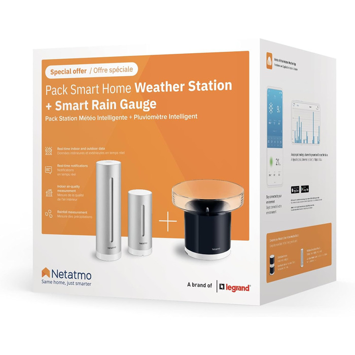Netatmo Pack with indoor and outdoor weather station, wireless outdoor sensor, and intelligent rain gauge, humidity, air quality, indoor noise level, air pressure, NBU-NWS-NRG-EU Weather Station + Rain Gauge
