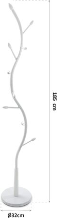 Versa Swindon Minimalist Coat Rack for Entryway, with 9 Hooks for Clothes or Bags, Dimensions (H x W x D) 185 x 32 x 32 cm, Metal, Color: White