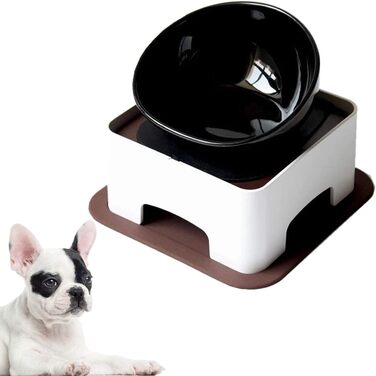 Миска для корму собак та котів JYHY Bulldog з кераміки, широка горловина, похила, з антиковзною гумовою підкладкою, 1.5 Cup (Чорна миска + стійка)