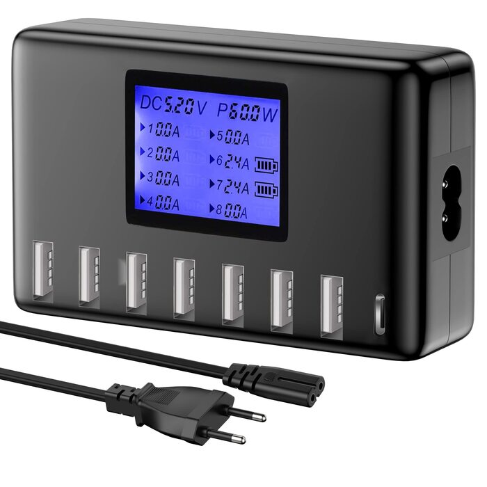 Зарядний пристрій USB 60W, 8 портів, з LCD дисплеєм, USB-C Hub для iPhone, iPad, Android, Samsung, Huawei, Kindle - Чорний