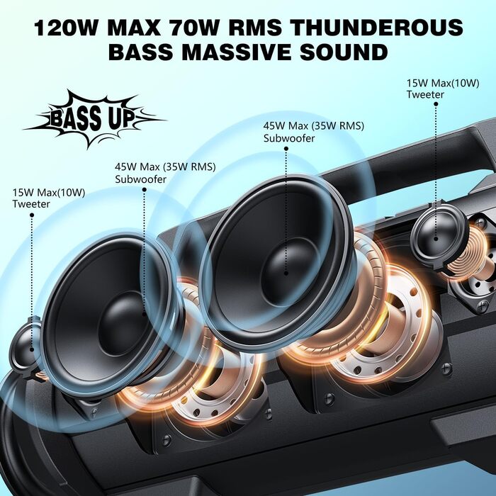 W-KING Bluetooth Колонка 120W з підсиленням басів 70W, чорна. Портативна колонка для вечірок, кемпінгу, пляжу, саду. BT 5.4, IPX6, до 42 годин, RGB підсвітка, стерео-з'єднання, DSP/EQ.