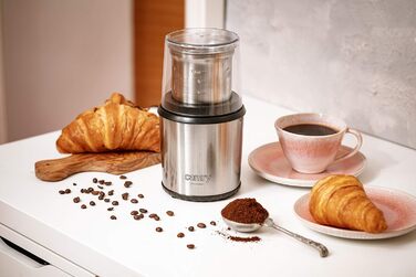 CAMRY CR 4444 Coffee Grinder with Safety Lid, 75g Capacity, 400W, Stainless Steel Housing, Safe Electric Grinder with Spoon, Electric Propeller Grinder with Transparent Lid, Silver