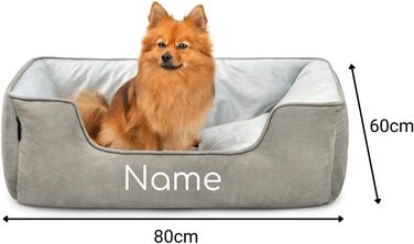 Ліжко для собак Lionto 2-в-1 з комфортним входом, м'яке лежання для домашніх тварин, підходить для собак та котів, 80x60 см, подушка для собак з легкою у догляді оксамитовою обробкою, сірий колір (Д 80 x Ш 60 x В 26 см (з нанесенням імені), Темно-сірий/Св