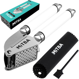 MiTBA Garlic Press Set with Non-Slip Grips - Includes Silicone Tube Peeler & Cleaning Brush