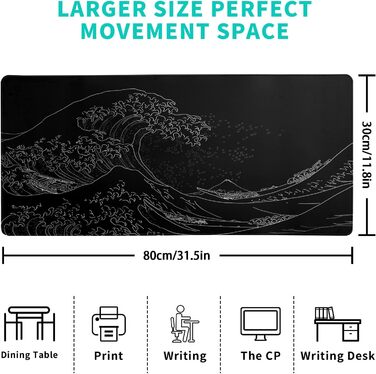 Килимок для миші з морізькою хвилею Японії, великий ігровий килимок, подовжений килимок для столу Канагава, товщина 3 мм, антиковзаюча гумова основа, 80 x 30 см. Чорна хвиля Канагави